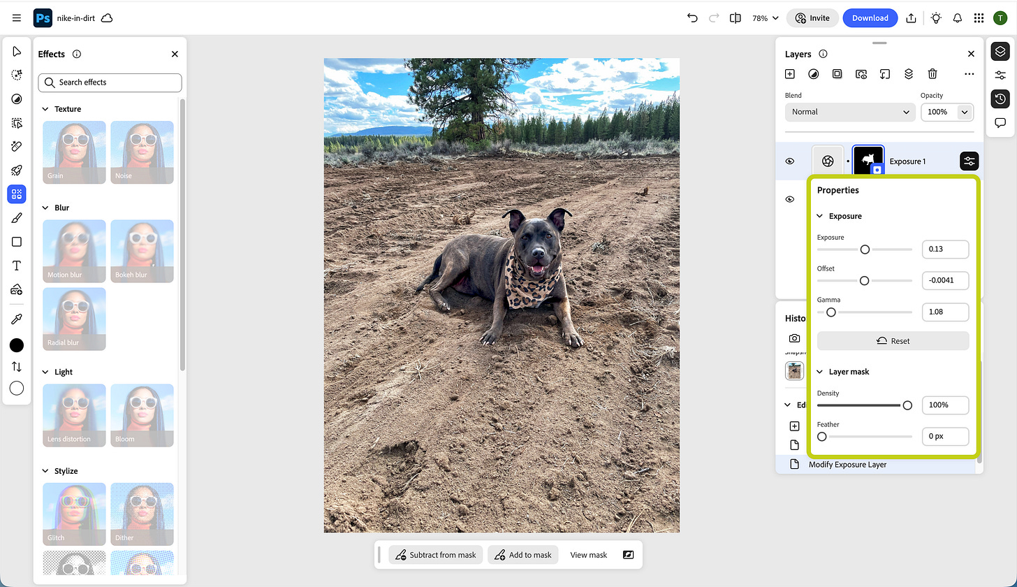 A screenshot of Photoshop for ChatGPT showing a photo of a gray pitbull wearing a leopard-print bandana, lying on freshly tilled dirt with trees and blue sky in the background. The right side of the interface displays an active Exposure adjustment layer with sliders for Exposure, Offset, and Gamma, along with a subject mask thumbnail. The History panel below shows recent edits, including creating and modifying the exposure layer.