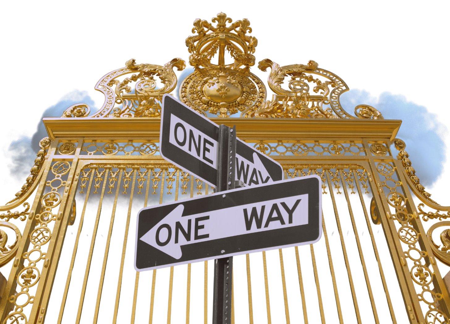 Two "One Way" signs on the same post pointing in different directions in front of an ornate golden gate and thick clouds. They stand at an oppressive angle to the viewer. Two "One Way" signs on the same post pointing in different directions in front of an ornate golden gate and thick clouds. They stand at an oppressive angle to the viewer.