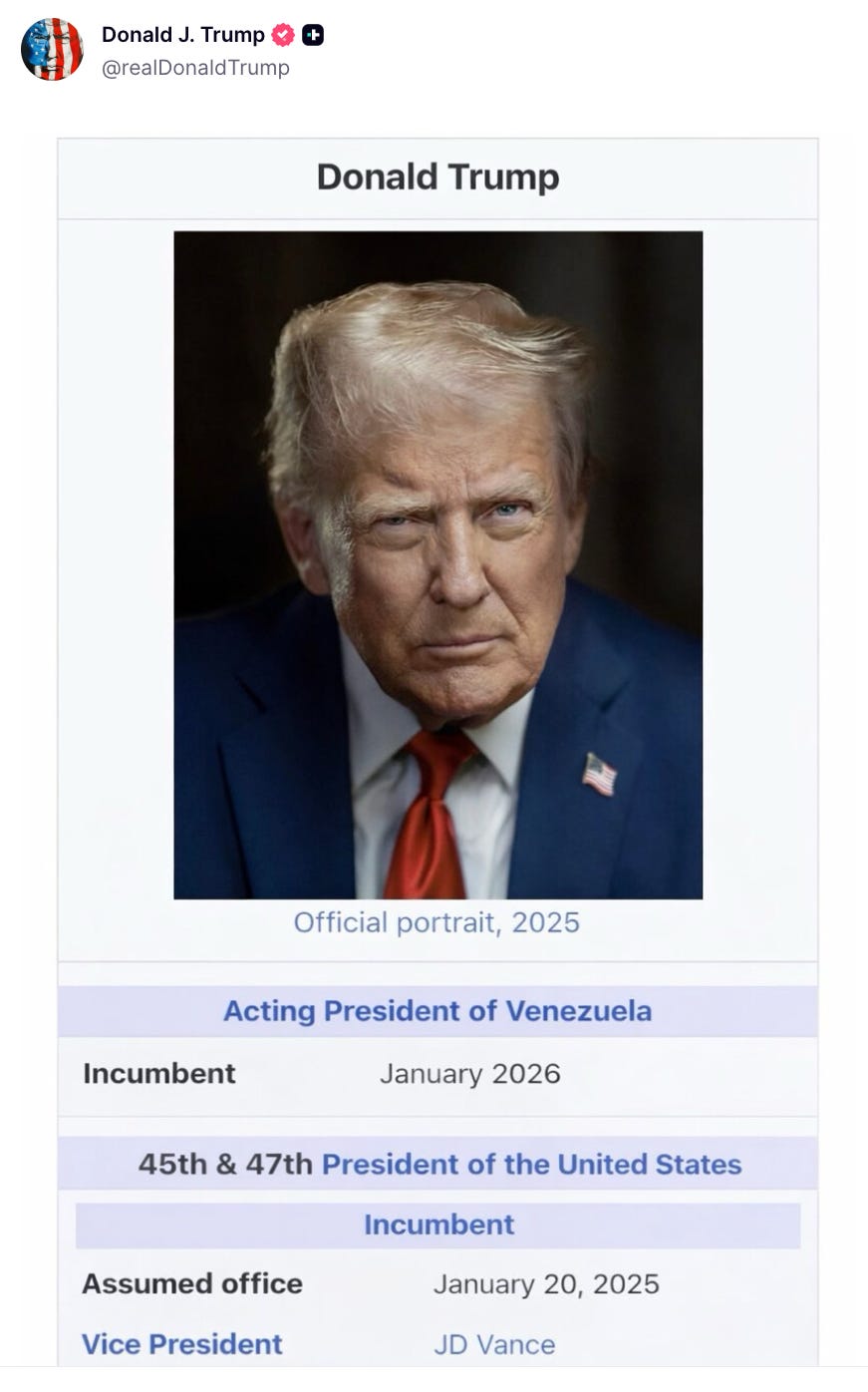 President Donald Trump shares a spoof Wikipedia page in which he is referred to as 'Acting President of Venezuela' on Truth Social on January 11, 2026