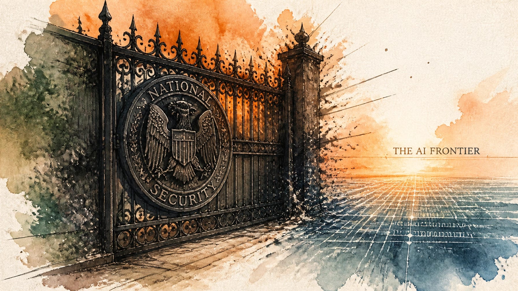 An ornate iron gate slams shut over a glowing digital horizon stamped with a National Security seal, illustrating the US government order that took Anthropic's Fable 5 and Mythos 5 AI models offline
