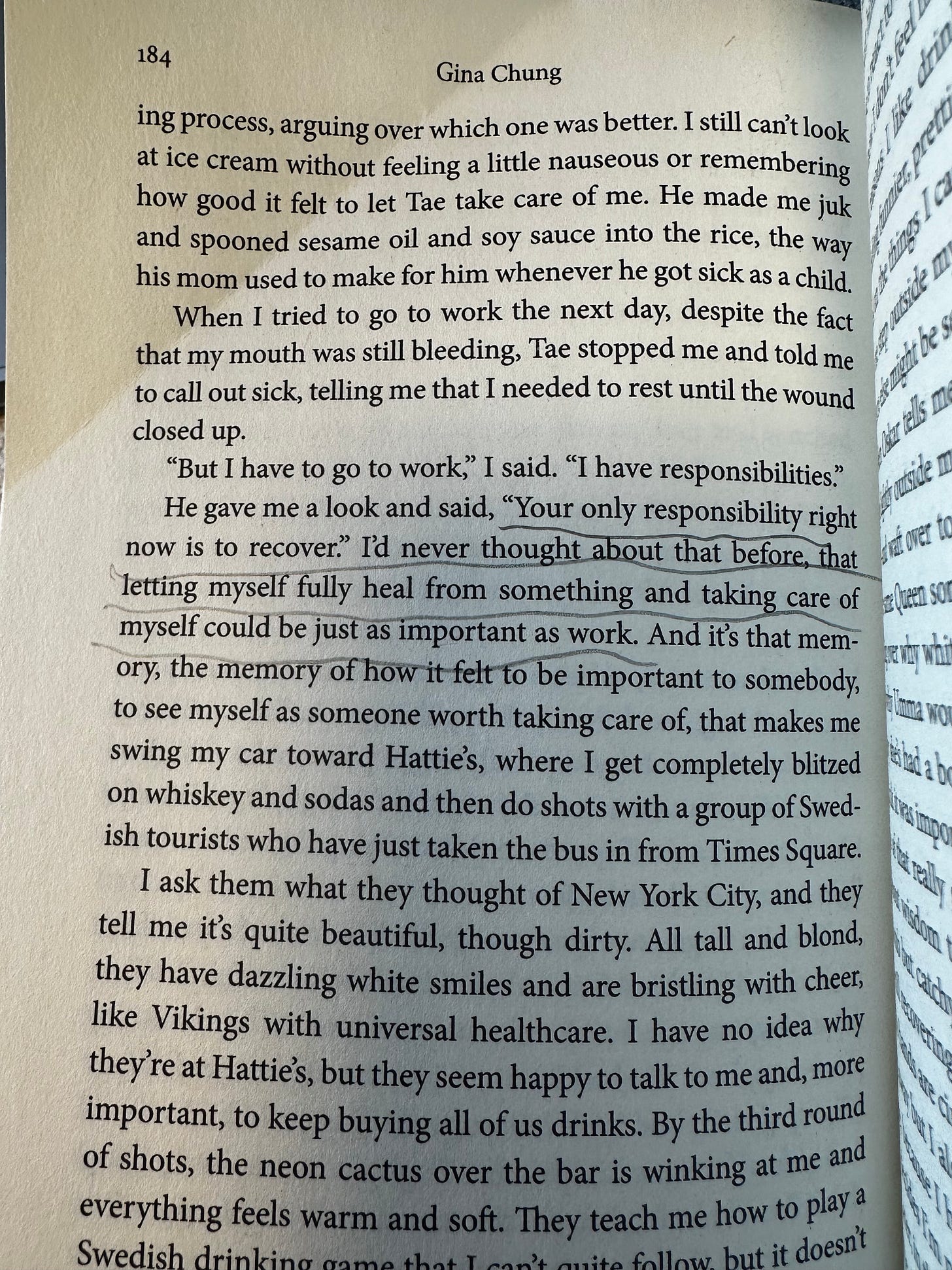 Photo of a book. Underlined passage reads: "Your only responsibility right now is to recover." I'd never thought about that before, that letting myself fully heal from something and taking care of myself could be just as important as work.