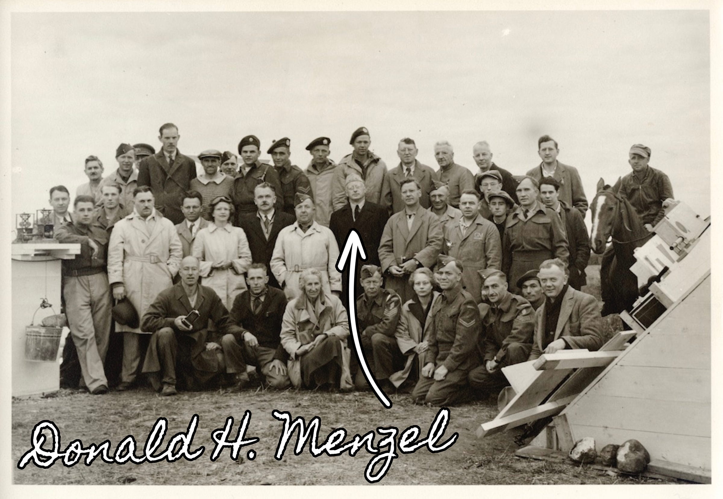 U.S. Navy Commander Donald Menzel in his element with the solar eclipse team in Bredenbury, Canada, July 1945 U.S. Navy Commander Donald Menzel in his element with the solar eclipse team in Bredenbury, Canada, July 1945
