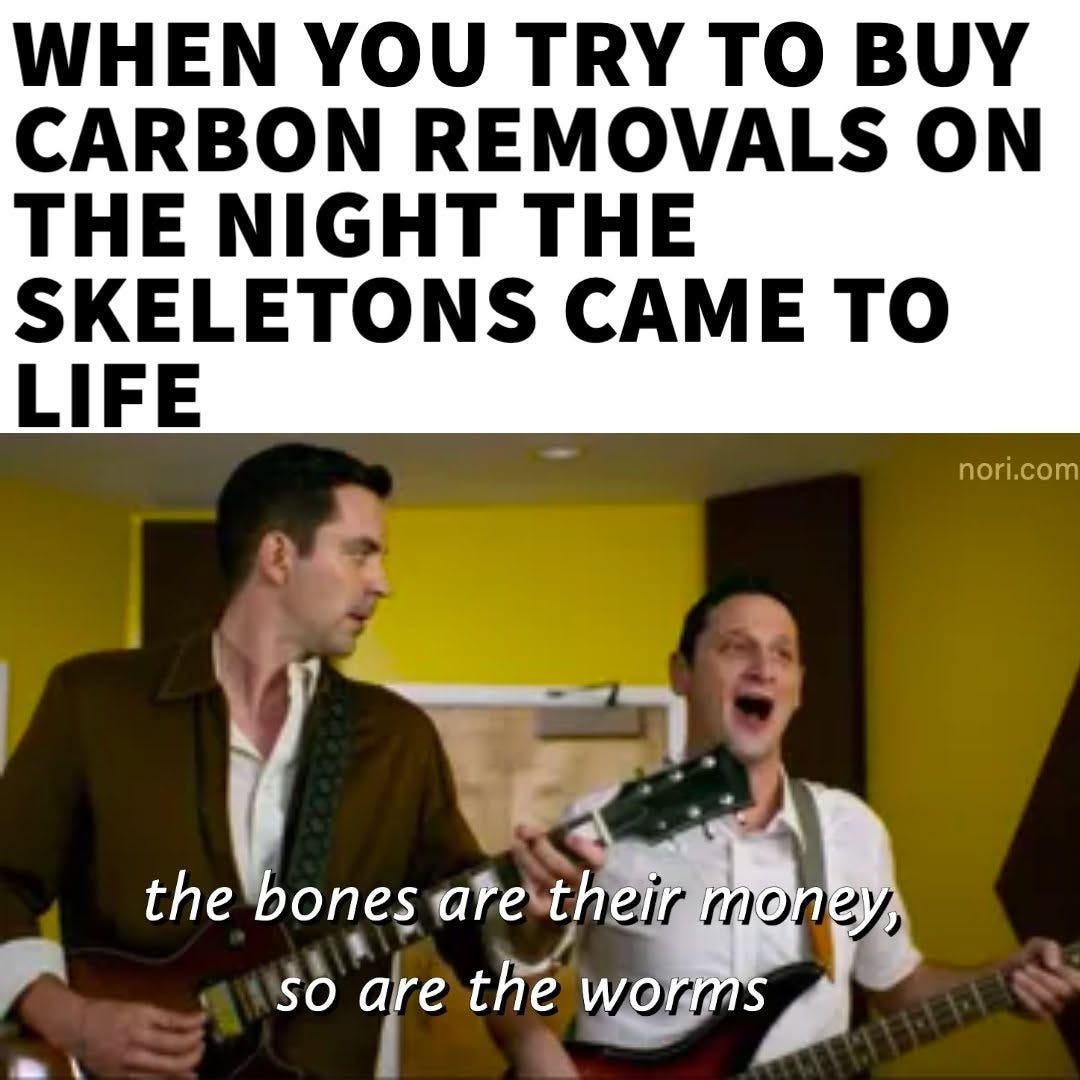 Two men singing and playing guitar under the heading "When you try to buy carbon removals on the night the skeletons came to life". Subtitle: "the bones are their money, so are the worms".