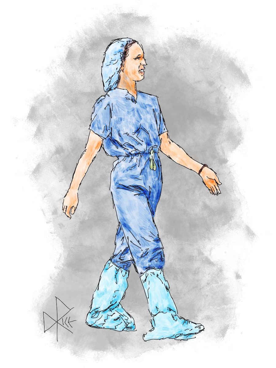 A woman walking in blue surgical scrubs, along with hair and boot coverings. Sketch art by Don Rice. A woman walking in blue surgical scrubs, along with hair and boot coverings. Sketch art by Don Rice.