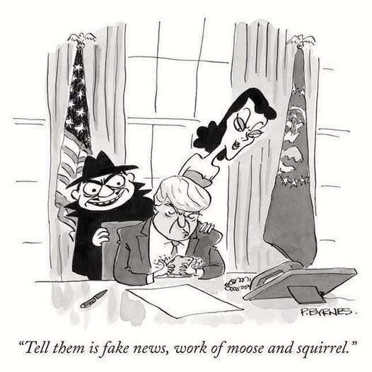May be a black-and-white image of the Oval Office and text that says 'จาท Coco PEYENES. "Tell them is fake news, work of moose and squirrel."'