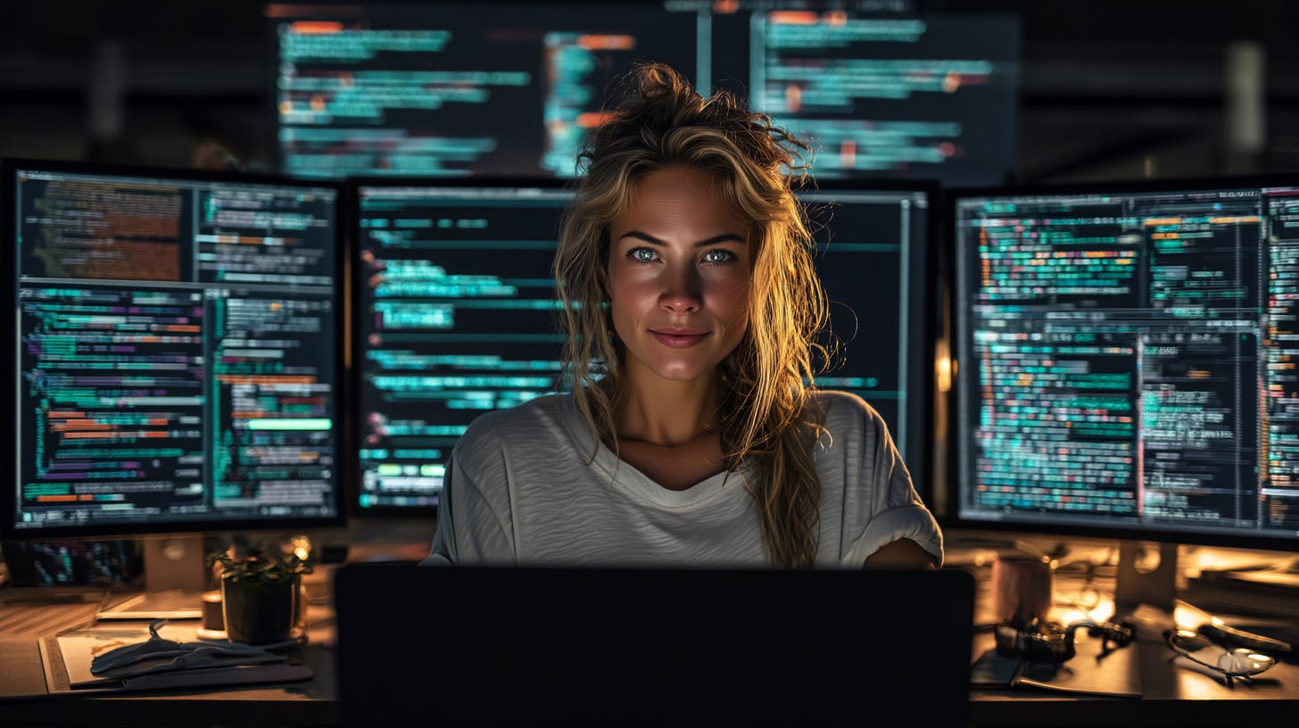 A developer sits alone at a cluttered workstation, multiple monitors casting cold blue light across their face, expression unreadable