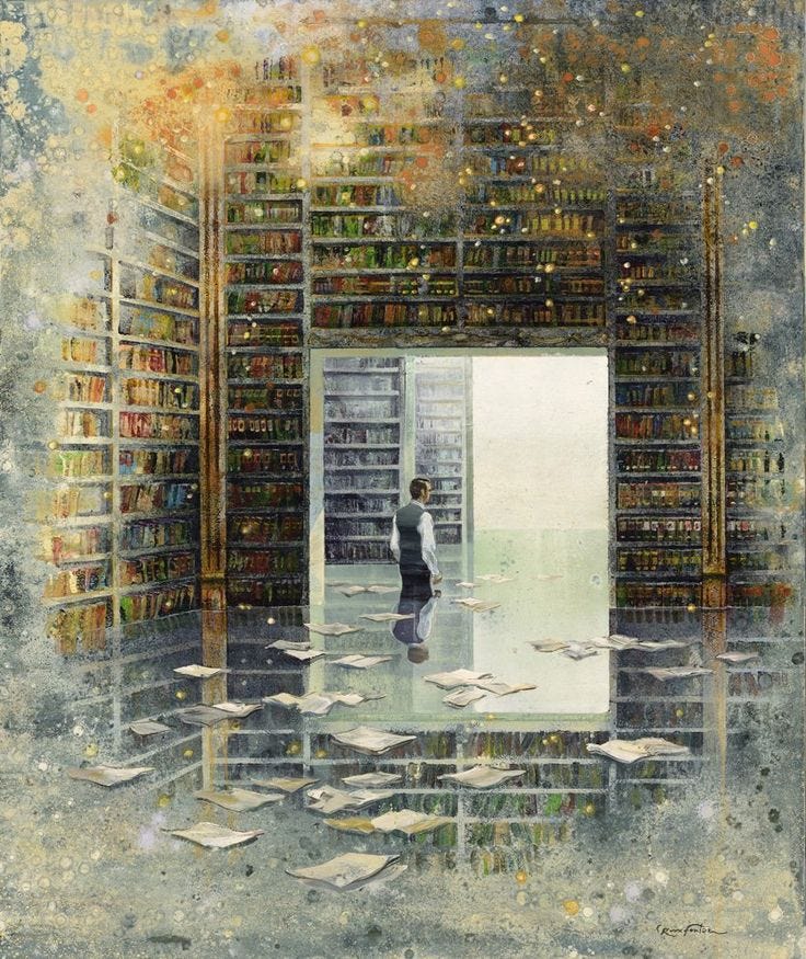 This may contain: a painting of a person standing in front of a book shelf with books on it