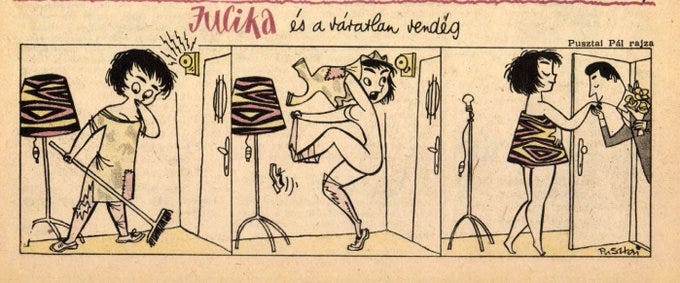 Jucika is cleaning nude beside a patterned floor lamp when the doorbell buzzes. She looks down at her dirty clothes in dismay, then strips them off in a panic. In the final panel, she opens the door wearing the lamp’s patterned shade as a tiny cocktail dress, greeting a date with flowers. Jucika is cleaning nude beside a patterned floor lamp when the doorbell buzzes. She looks down at her dirty clothes in dismay, then strips them off in a panic. In the final panel, she opens the door wearing the lamp’s patterned shade as a tiny cocktail dress, greeting a date with flowers.