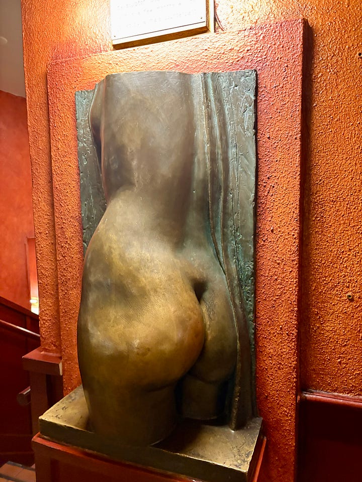 Bronze statue of a butt, New York skyscrapers lit up at night, Jenny in an elevator making a funny face at the mirrored ceiling, a green door.