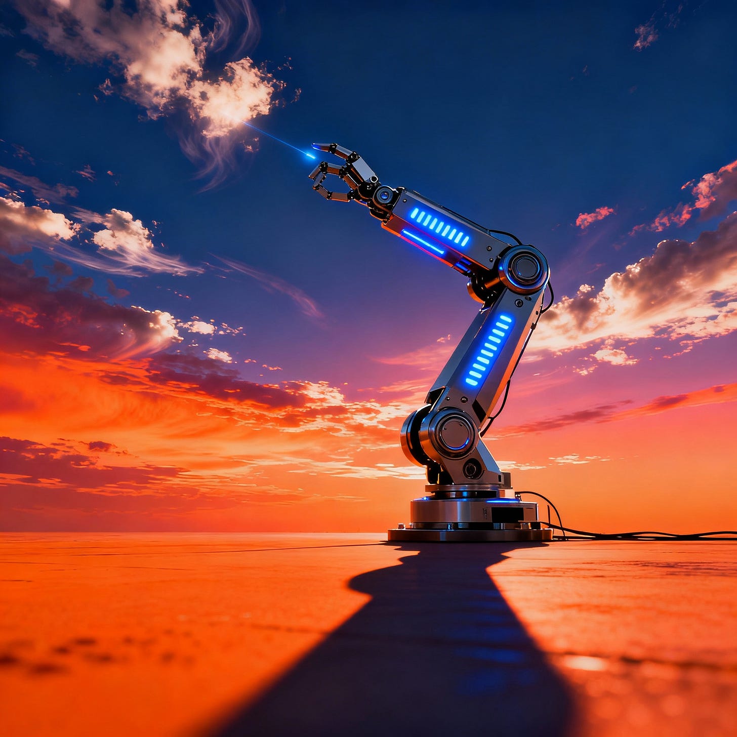Robotic arm reaching skyward as metaphor for enterprise AI promise and automation stakes.