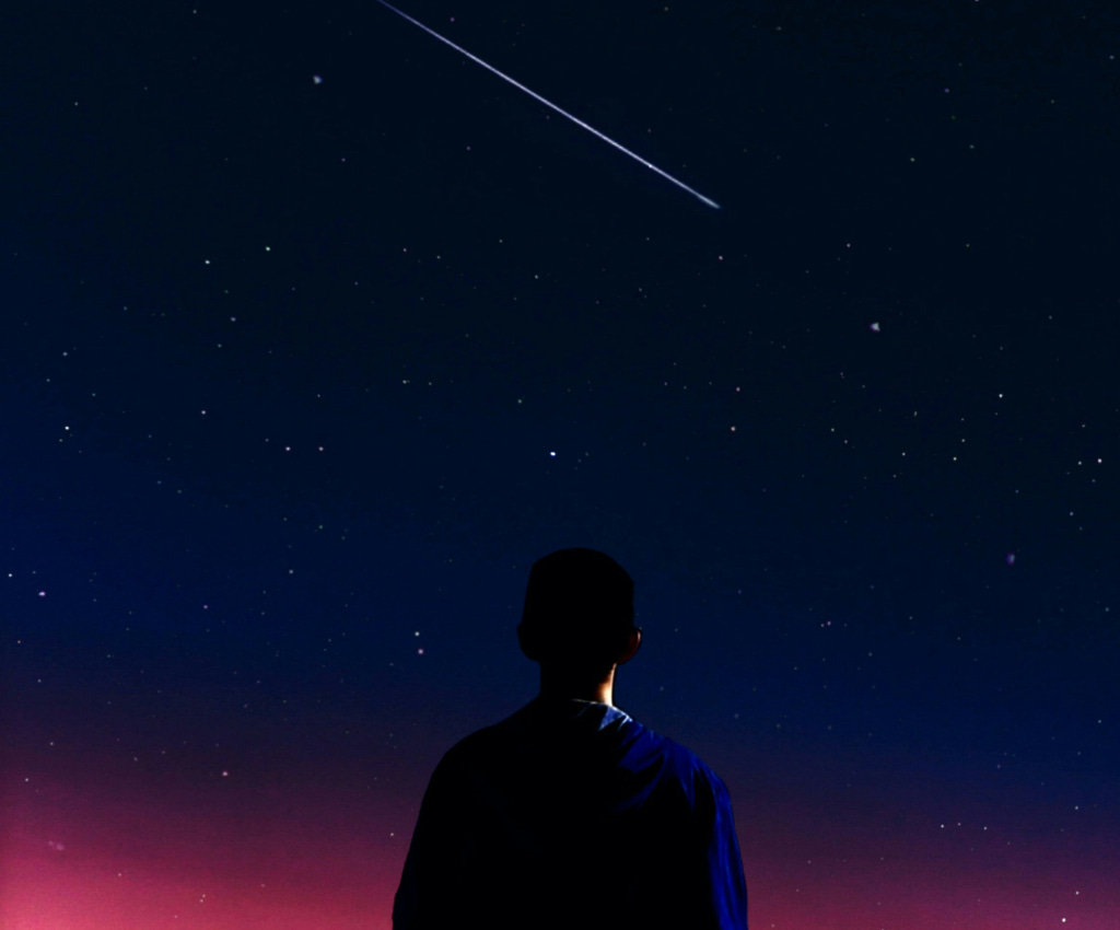 A star is streaking across a black night sky with a few faint stars around it.  The back of a person standing on a hillside looking up at the stars is in the center of the photo. Their outline is so dark that the gender of the person is unclear.  There’s a small bit of light cast on the side of the person’s neck, as though the light from the stars is illuminating it.