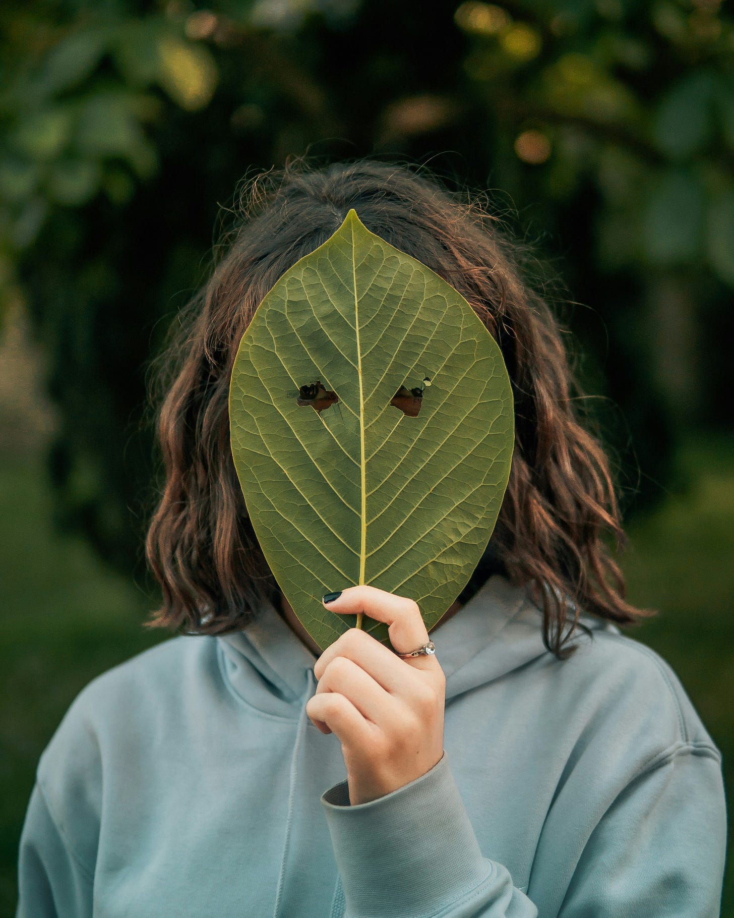 person holding up a large leaf in front of their face