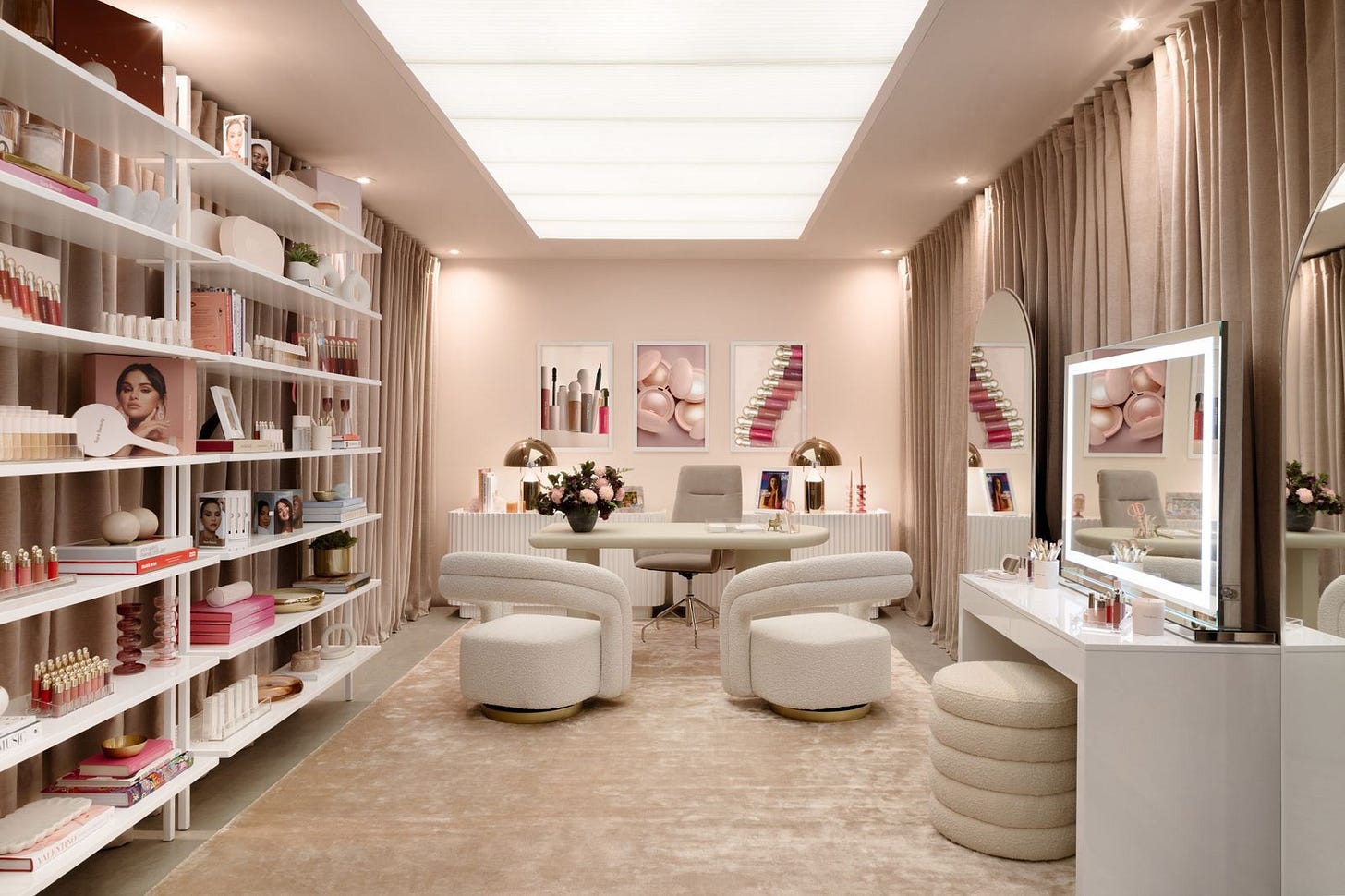 office with neutral and blush toned furniture and walls