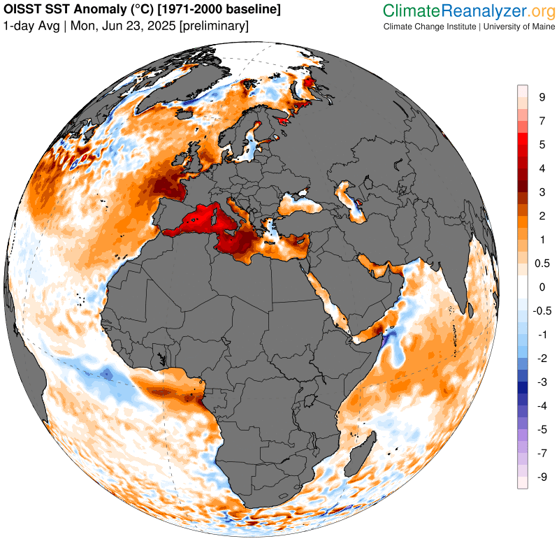 The image is a map showing sea surface temperature (SST) anomalies in degrees Celsius compared to the 1971-2000 baseline, as of June 23, 2024. The map highlights the Mediterranean region with temperatures 5-6°C above average, which is the warmest ever recorded for this time of year. The context from the post text indicates that this extreme heat could potentially enhance an already very hot airmass across southern Europe and North Africa. The map is sourced from ClimateReanalyzer.org, specifically from the Climate Change Institute at the University of Maine.
