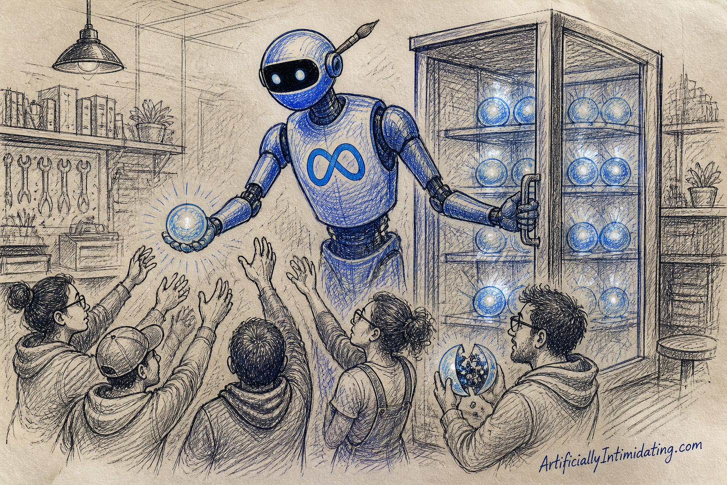 A tall blue robot with an infinity-loop emblem opens a glass cabinet full of glowing blue spheres and hands them to a crowd of eager engineers reaching up, one holding a cracked-open sphere with gears inside. A tall blue robot with an infinity-loop emblem opens a glass cabinet full of glowing blue spheres and hands them to a crowd of eager engineers reaching up, one holding a cracked-open sphere with gears inside.