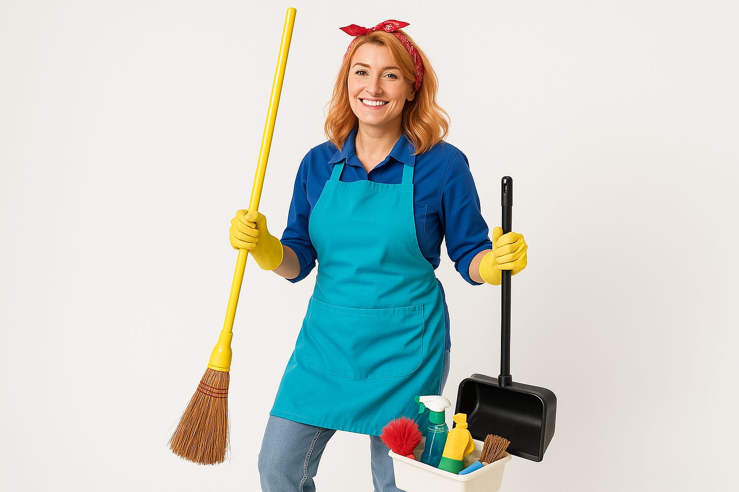 A smiling, red-headed white woman wearing clothes for cleaning and yellow rubber gloves, and holding a broom and dustpan with cleaning products at her aide