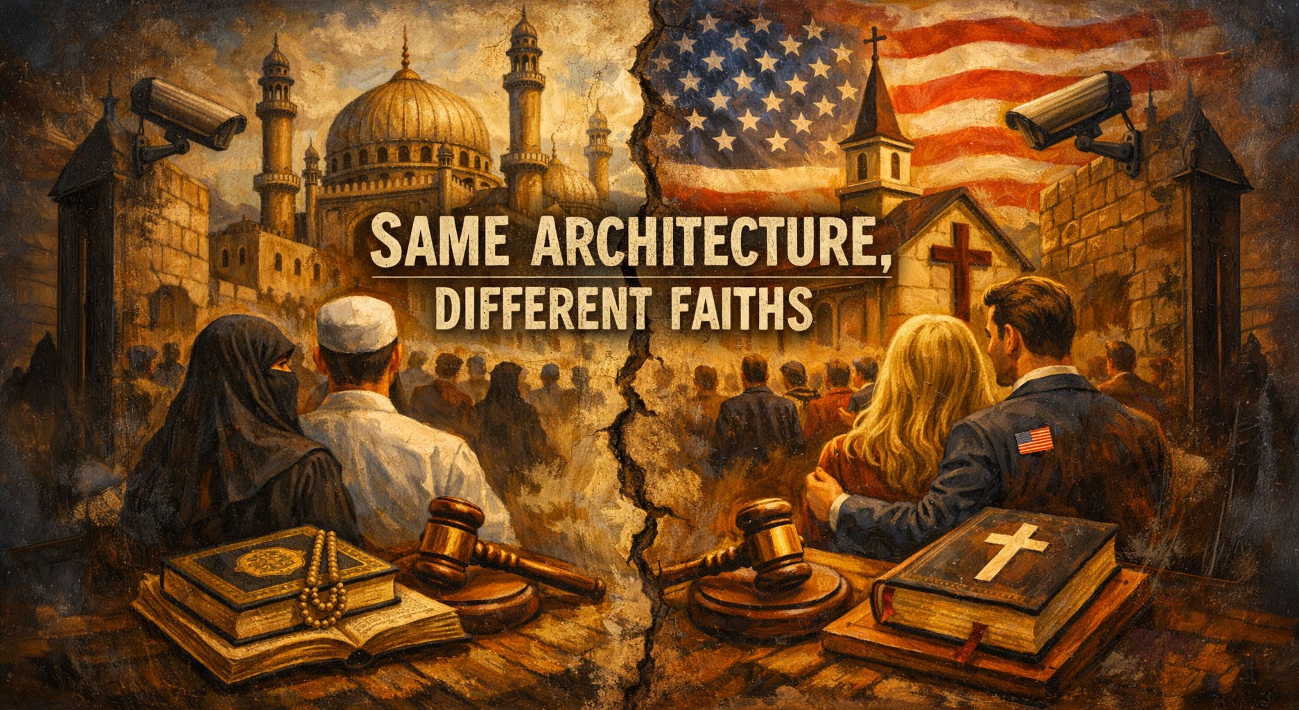 Oil-painting-style split composition showing a large mosque on the left and a church beneath a waving American flag on the right, divided by a cracked wall. In the foreground, a veiled Muslim couple stands beside a Quran and prayer beads, while an American couple stands beside a Bible. Gavels and surveillance cameras appear on both sides, reinforcing the image’s theme of shared religious control and moral policing. Oil-painting-style split composition showing a large mosque on the left and a church beneath a waving American flag on the right, divided by a cracked wall. In the foreground, a veiled Muslim couple stands beside a Quran and prayer beads, while an American couple stands beside a Bible. Gavels and surveillance cameras appear on both sides, reinforcing the image’s theme of shared religious control and moral policing.