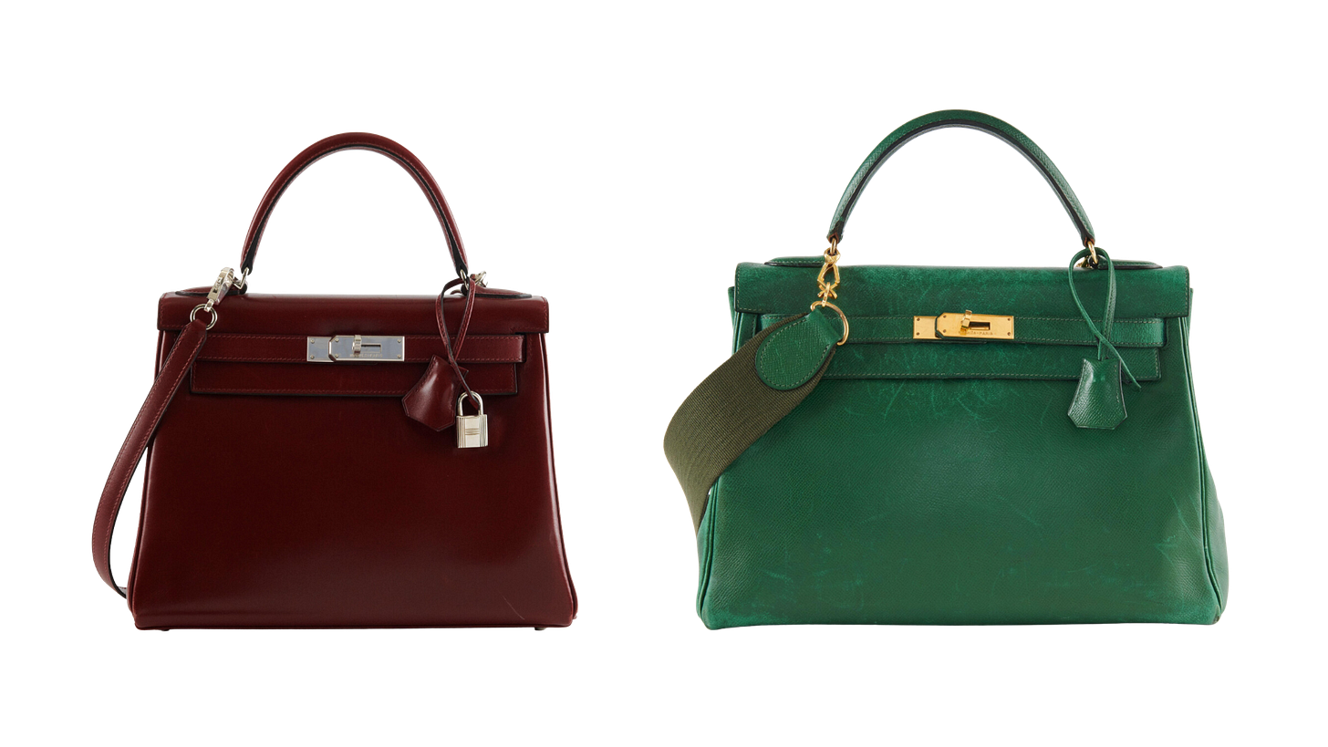 A Rouge H Box Kelly 28 Retourne PHW and a Vert Claire Hermes Courchevel Kelly Retourne 32 GHW