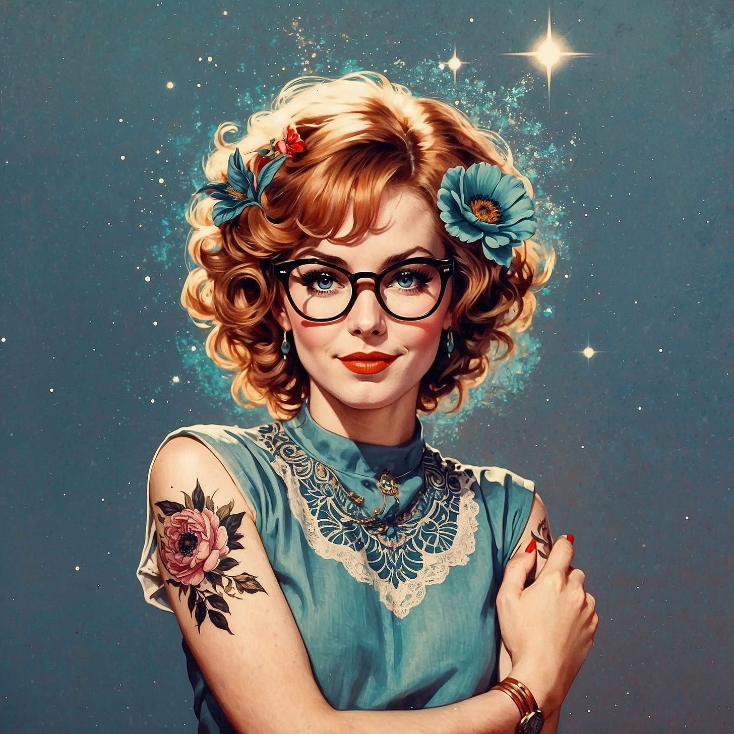 Stylized digital portrait of a red-haired woman with soft curls and floral hair accessories, wearing vintage-style glasses and a sleeveless blue dress with lace embroidery. A floral tattoo adorns her upper arm, blending classic elegance with modern expression. She stands confidently with arms crossed, against a cosmic background filled with soft starlight and ethereal sparkles. The image merges retro aesthetics with celestial and feminine symbolism. Stylized digital portrait of a red-haired woman with soft curls and floral hair accessories, wearing vintage-style glasses and a sleeveless blue dress with lace embroidery. A floral tattoo adorns her upper arm, blending classic elegance with modern expression. She stands confidently with arms crossed, against a cosmic background filled with soft starlight and ethereal sparkles. The image merges retro aesthetics with celestial and feminine symbolism.
