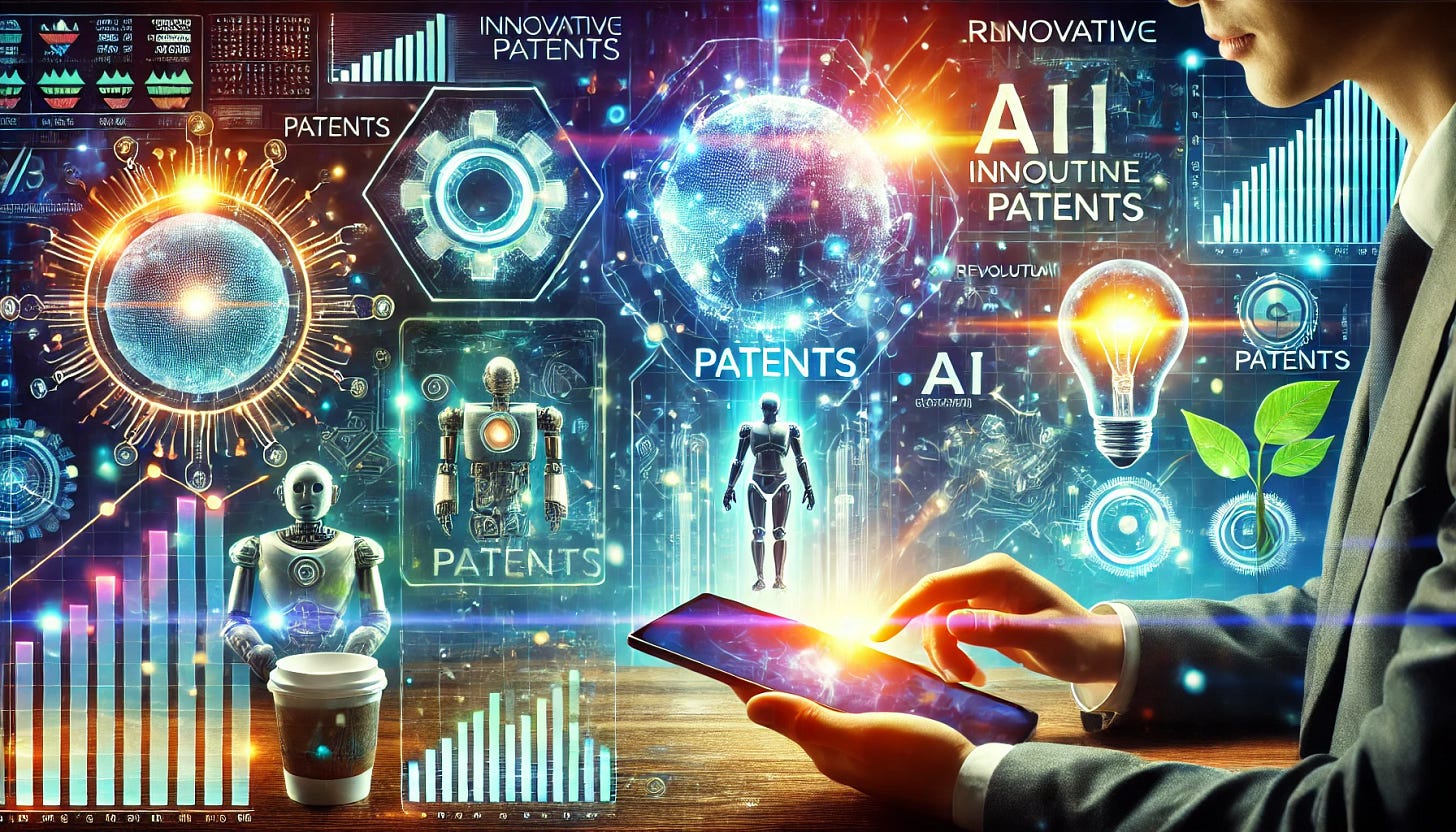 A futuristic concept image showcasing three innovative patents ready to make an impact. The image includes a high-tech wearable device, an AI-powered automation system, and a revolutionary green energy technology. The scene is vibrant, with glowing digital effects, stock market growth indicators, and a businessperson analyzing patents on a tablet. The overall theme conveys excitement and financial opportunity.