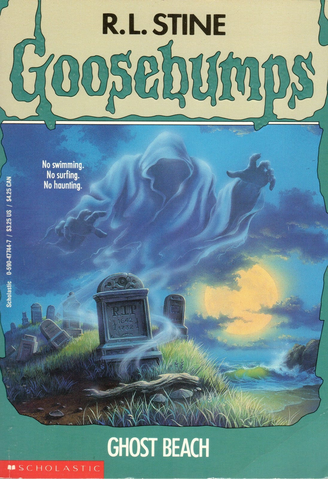 A spooky ghost hovers over a graveyard with the words “No swimming, no surfing, no haunting” above it.
