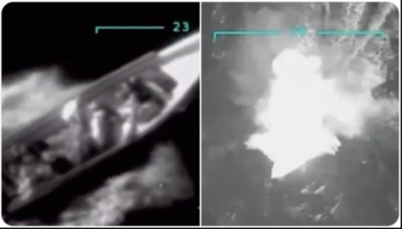 Department of Defense photos of the destruction of a small suspected smuggling boat on Sept. 2, 2025, killing 11 people aboard. Department of Defense photos of the destruction of a small suspected smuggling boat on Sept. 2, 2025, killing 11 people aboard.