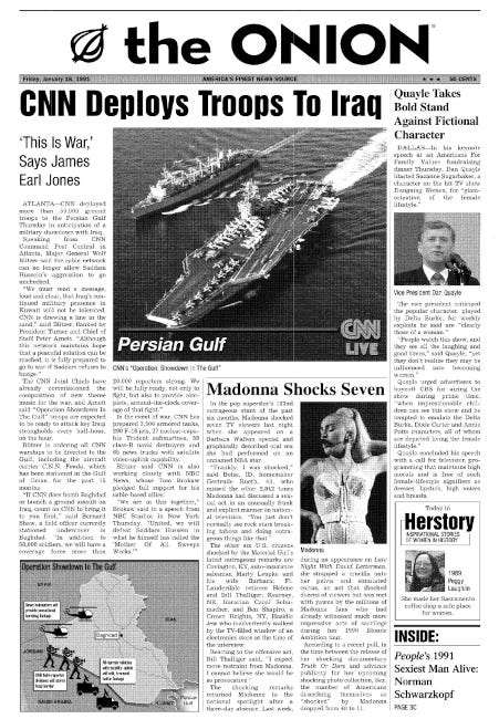 Couverture de The Onion en 1991. Le titre : "CNN envoie un bataillon en Irak".