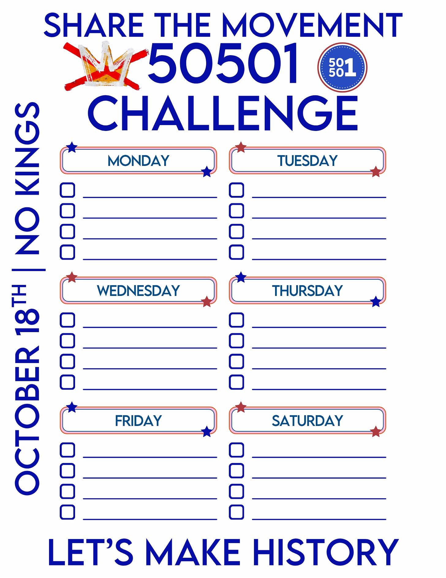 No Kings protest countdown calendar showing daily action challenges from Monday through Saturday October 18