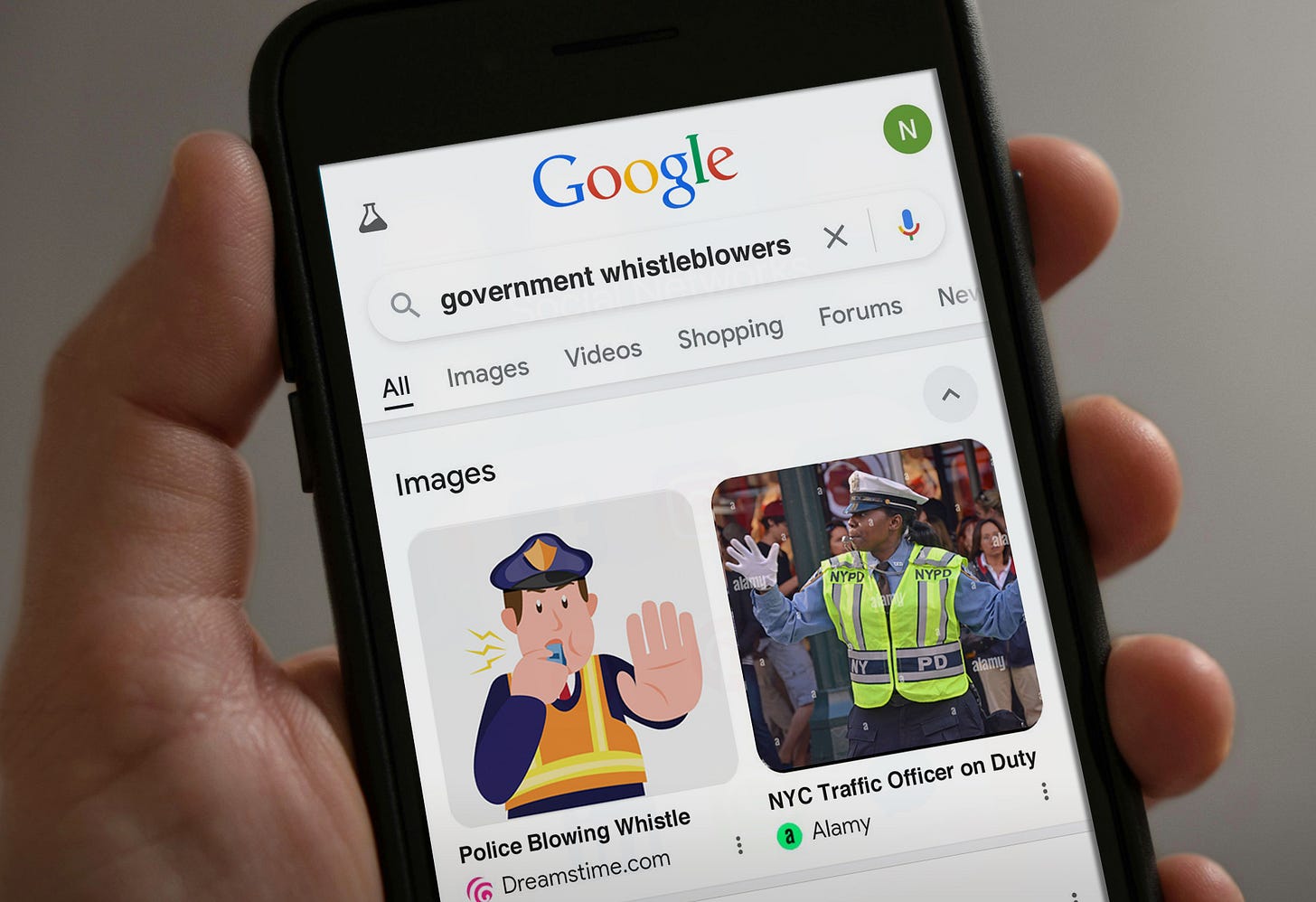 Satirical image of Google search results for the keyword "government whistleblowers" showing traffic cops.