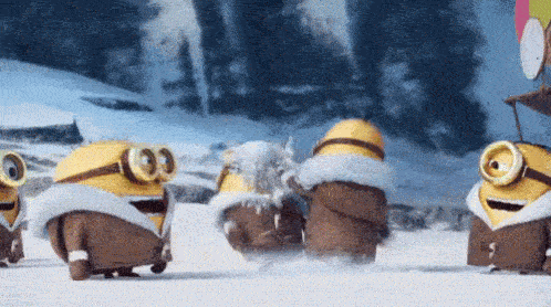 Animated gif of Minions laughing when one of them is hit in the face with a snowball just before a huge rolling snowball enters from the left and takes out one of those laughing.