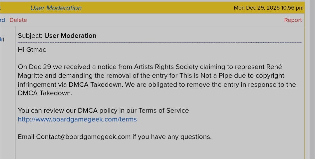 The text of a dm on boardgamegeek.com notifying me of the removal of my game listing due to a DMCA takedown request from Artists Rights Society.
