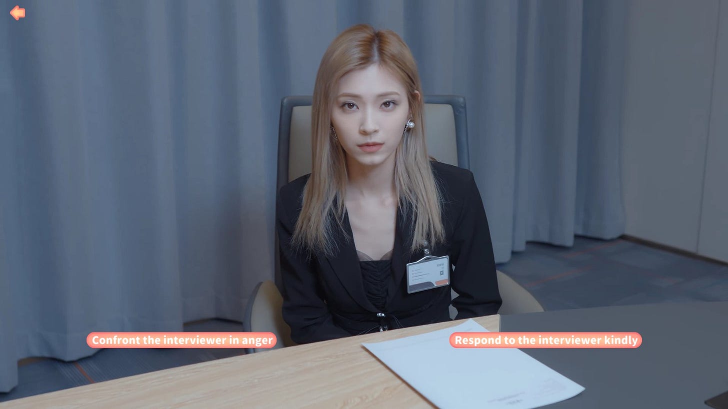 A businesswoman at a table with two options: Confront the interview in anger OR Respond to the interview kindly A businesswoman at a table with two options: Confront the interview in anger OR Respond to the interview kindly