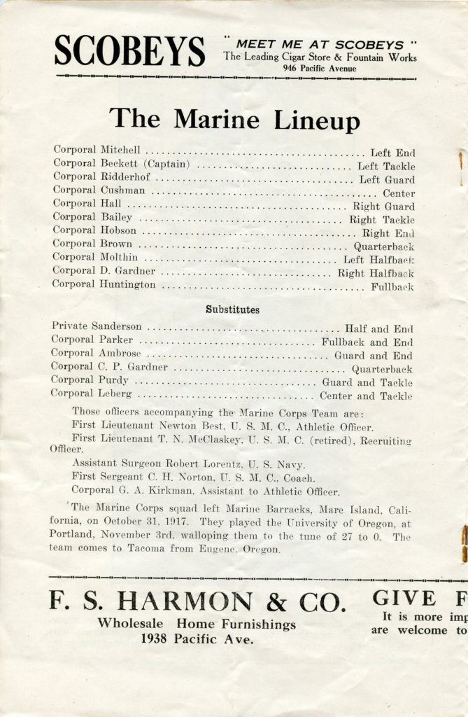 The Marine starters and substitutes for the game with Camp Lewis.