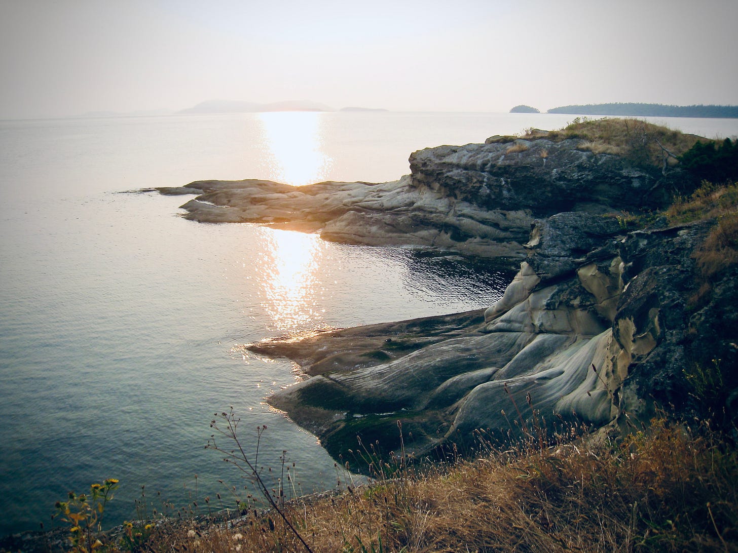 A beach sunset in the San Juan Islands with golden light falling on weathered rocks and late summer grass.