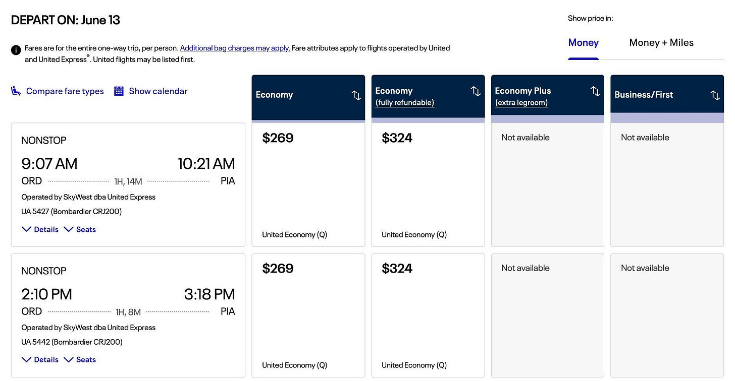 美航班机与票价对比截图