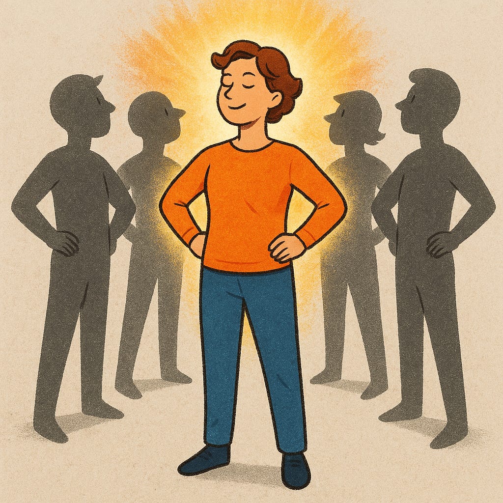 A person standing confidently, surrounded by shadows of copycats trying to imitate, but only the original person radiates color and light. The focus is on the original’s continuous growth and indifference to imitators.