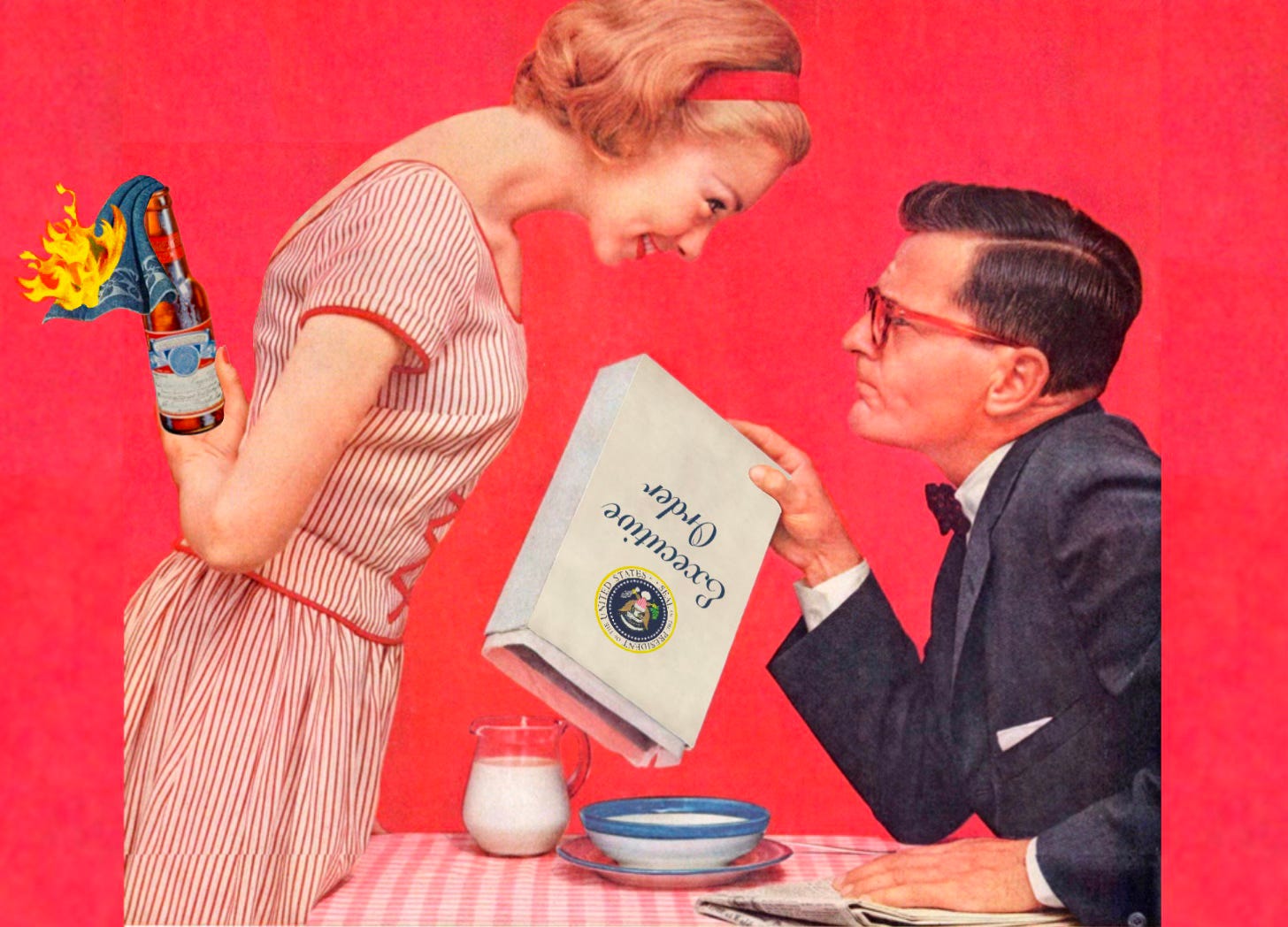 A man in a suit sits at a table with a red and white checkered tablecloth. On the table is an empty bowl and a pitcher of milk. The man holds an empty cereal box, which is labeled with the U.S. presidential seal and the words "Executive Order," over the bowl and frowns at a woman in a pinstriped dress standing across from him. The woman is leaning over the table toward the man with a grin on her face and a Molotov cocktail held behind her back.