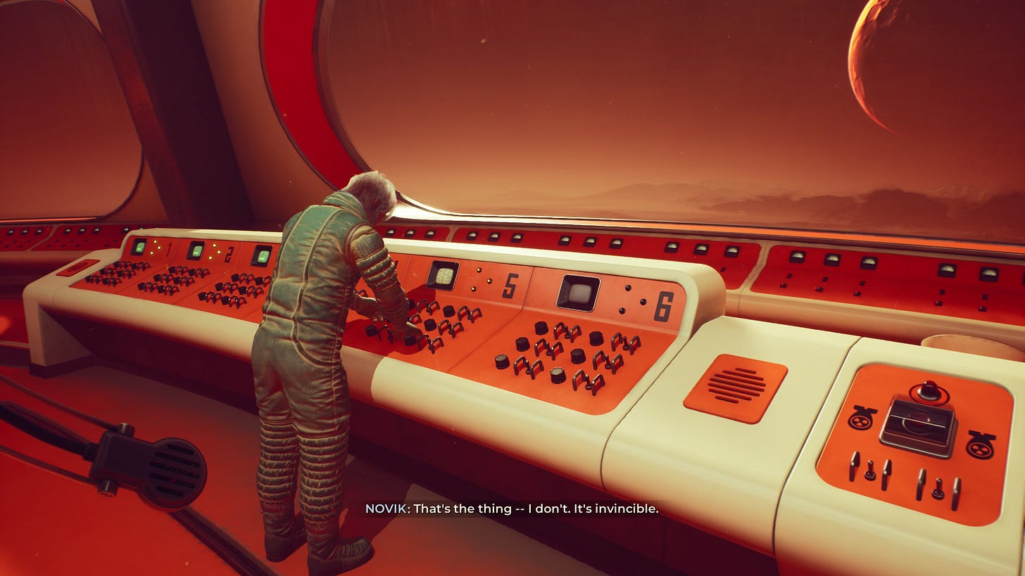 Screenshot of The Invincible, showing a man pressing buttons on a retro spaceship panel against a red dusk horizon. The man is saying: "That's the thing -- I don't. It's invincible."