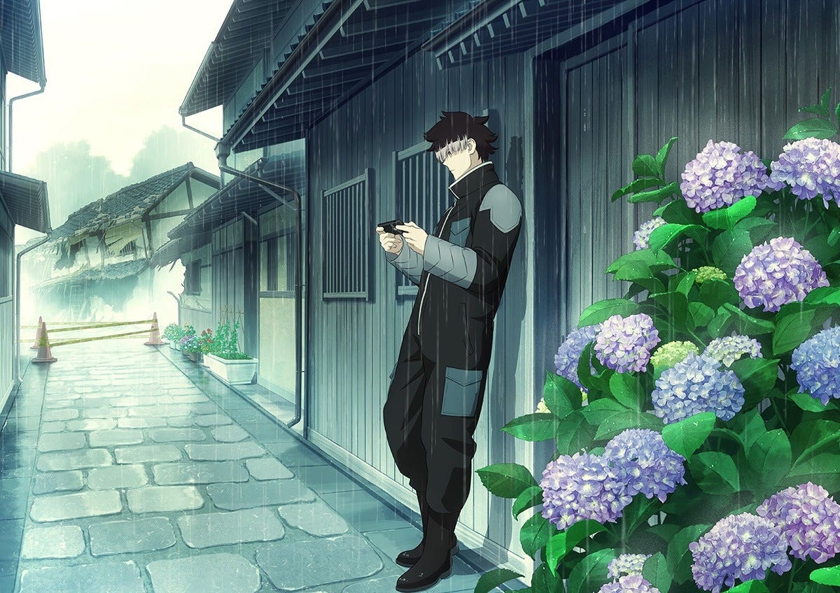 Dressed in his anti-kaiju uniform, Gen Harumi shelters under the eaves of a traditional Japanese home and checks his smartphone while a blush of light purple camelias blooms in the foreground in the twelfth illustration for the "Kaiju Hyakkei" series for the Kaiju No. 8 TV anime.