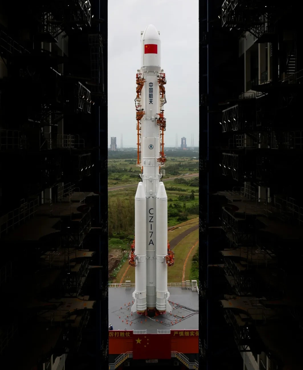 The Long March 7A Y13 vehicle during rollout from one of Wenchang’s vertical assembly buildings and heading toward Launch Complex 201 on October 31st.