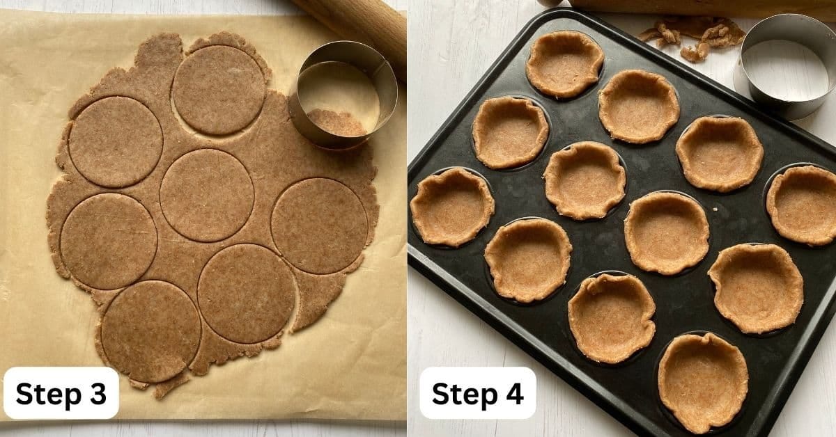 Wholemeal pastry dough in a 12 holed bun tin. Rolled out Pastry dough cut into sections and lined a 12 hole tart tin.