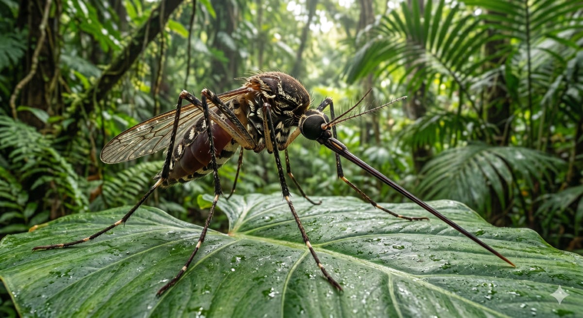 Large mosquito perched on a large leaf in the jungle in Merida Mexico Large mosquito perched on a large leaf in the jungle in Merida Mexico
