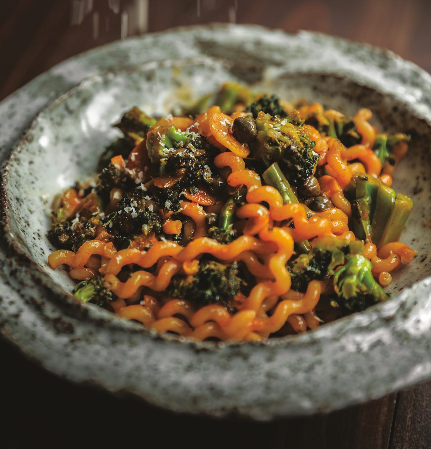 Bowl of broccoli and gochujang pasta.