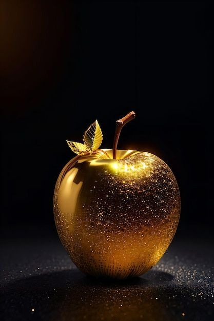 This may contain: an apple that is shiny gold and has a leaf on it