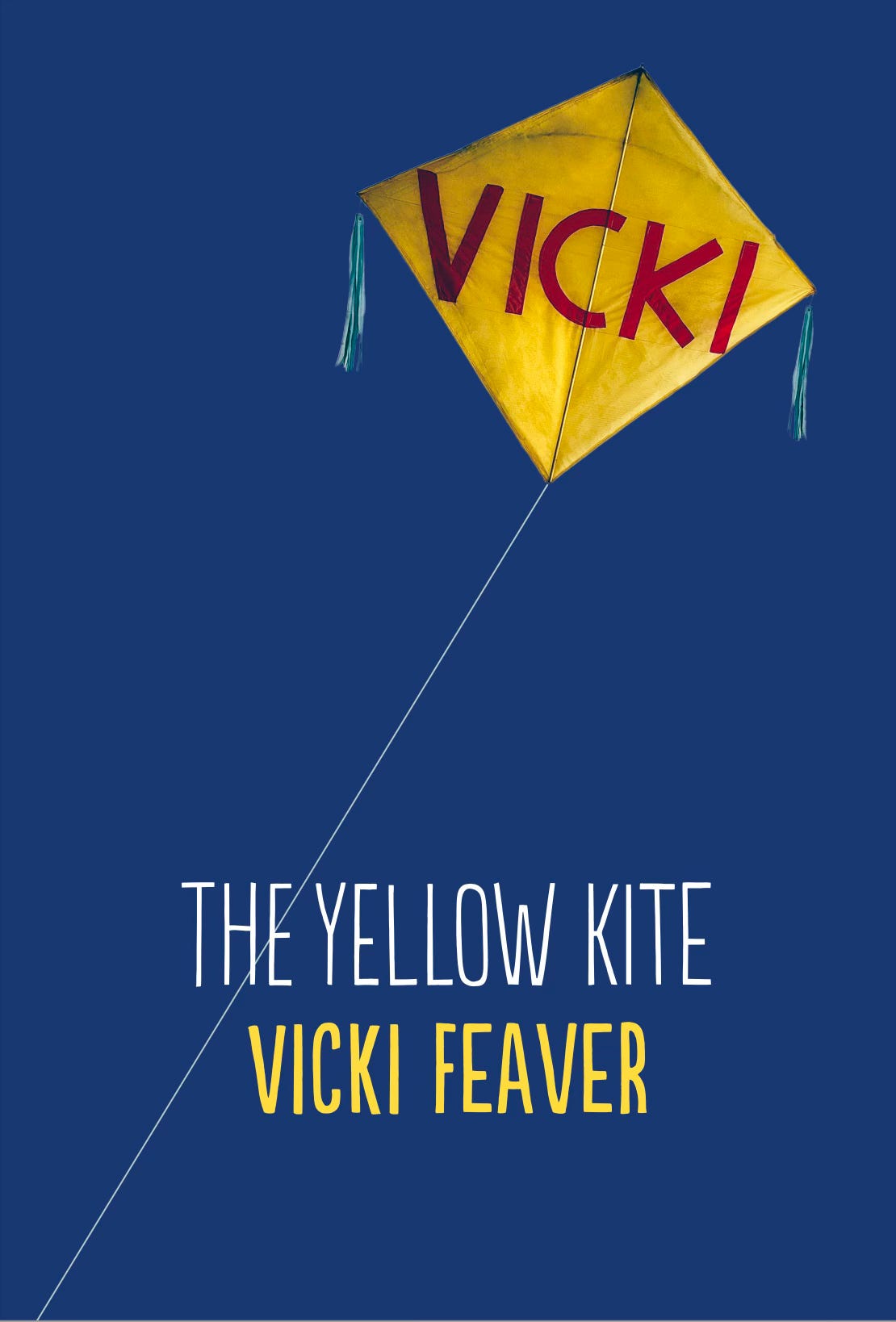 Blue book cover with a picture of a yellow kite on it, with the word 'VICKI' in red