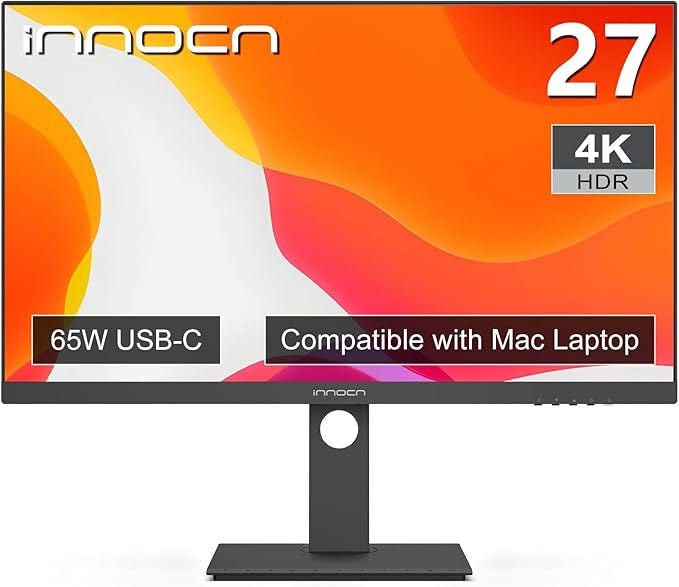 INNOCN 27 Inch 4K Monitor 3840 x 2160 LCD IPS Display, HDR400, USB C 65W, DP, HDMI, PC Monitor for Mac Laptop, 1.07B+ Colors, Built-in Speakers, Pivot/Height Adjustable Stand, Black
