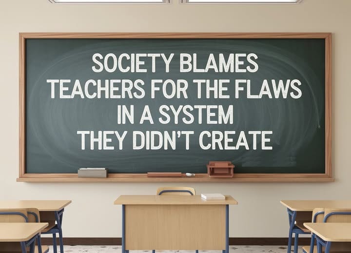 May be an image of text that says 'SOCIETY BLAMES TEACHERS FOR THE FLAWS IN A SYSTEM THEY DIDN'T CREATE'