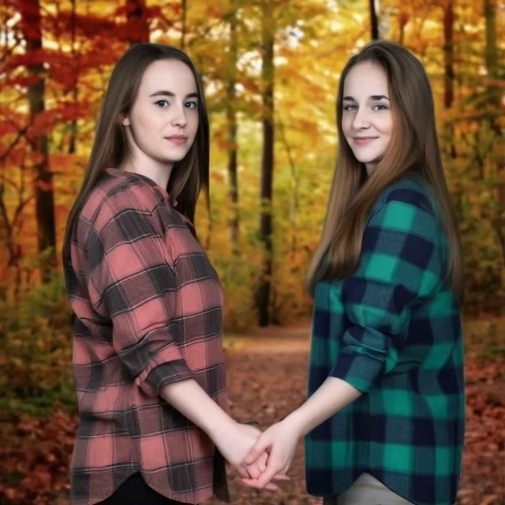 Two white women wearing flannel long sleeve shirts holding hands in autumn