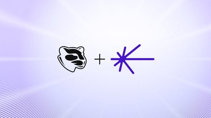 A black and white logo of a bear-like character on the left, a purple starburst symbol on the right, set against a light purple background with radial lines.