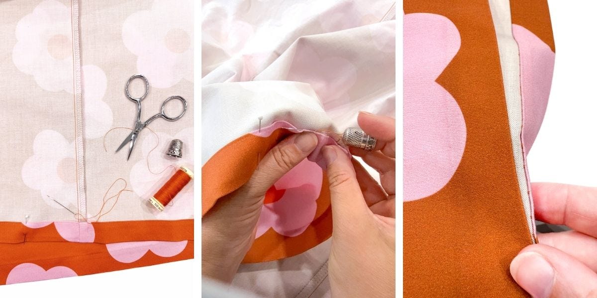 Three images showing steps of hand sewing a slip stitch hem on a floral garment, including pressing, stitching, and finished hem detail.